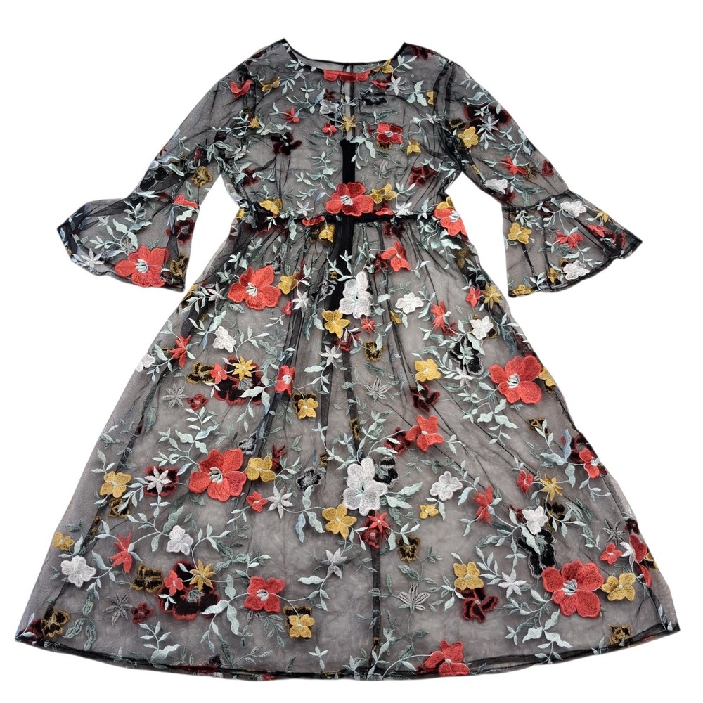 Black Sheer Whimsical Midi Dress Floral Embroidery Bell Sleeves Festival Fairy L